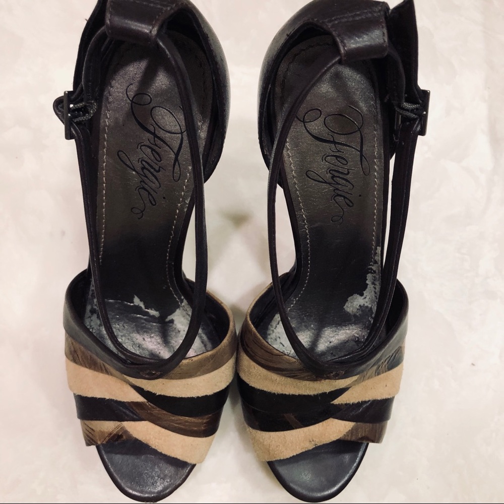 Fergie heeled sandals, brown & tan leather, Sz 8.5 - Picture 6 of 9